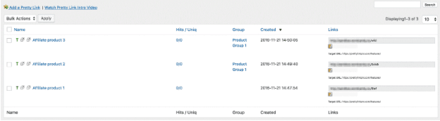 PrettyLinks Link Management View 