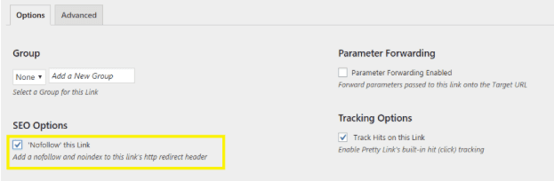 PrettyLinks "no follow" redirect links 