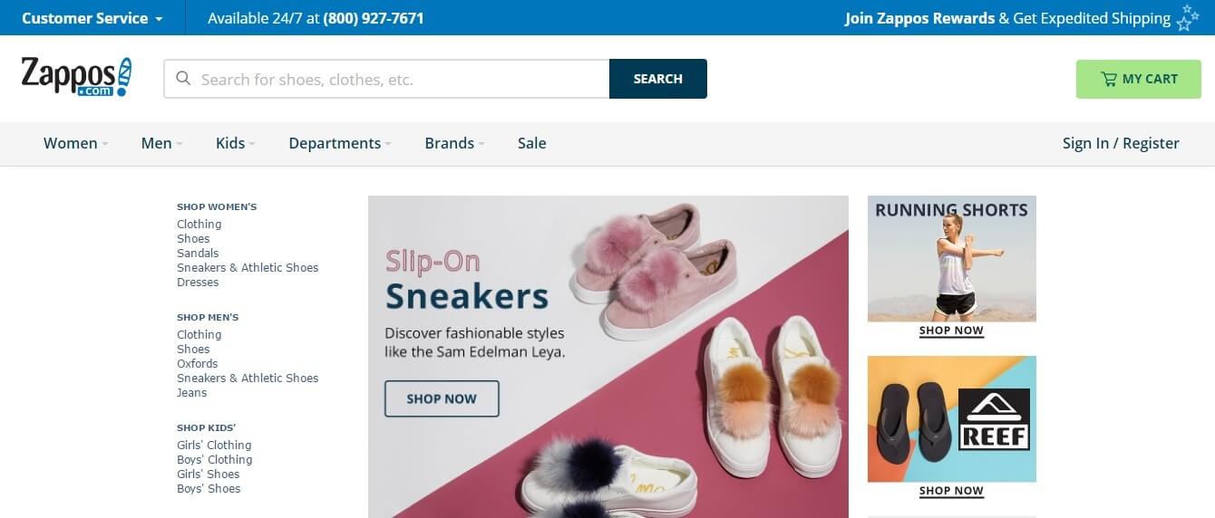 Page d'accueil de Zappos