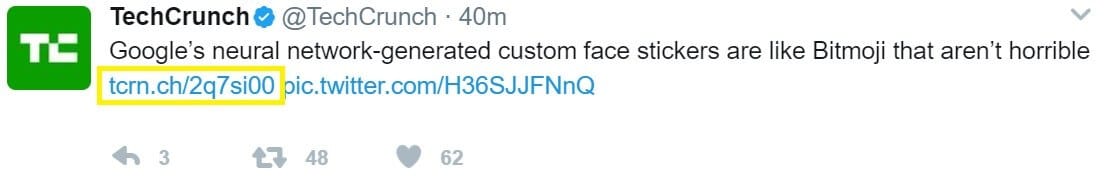 Publicación en Twitter de Tech Crunch con enlace de marca