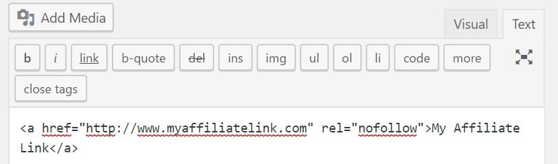 Um link HTML "nofollow" no editor do WordPress