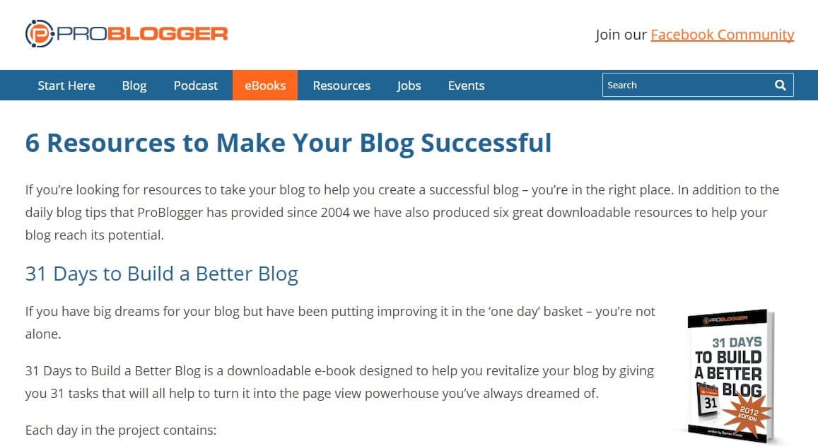 Eine ebook Landing Page auf ProBlogger