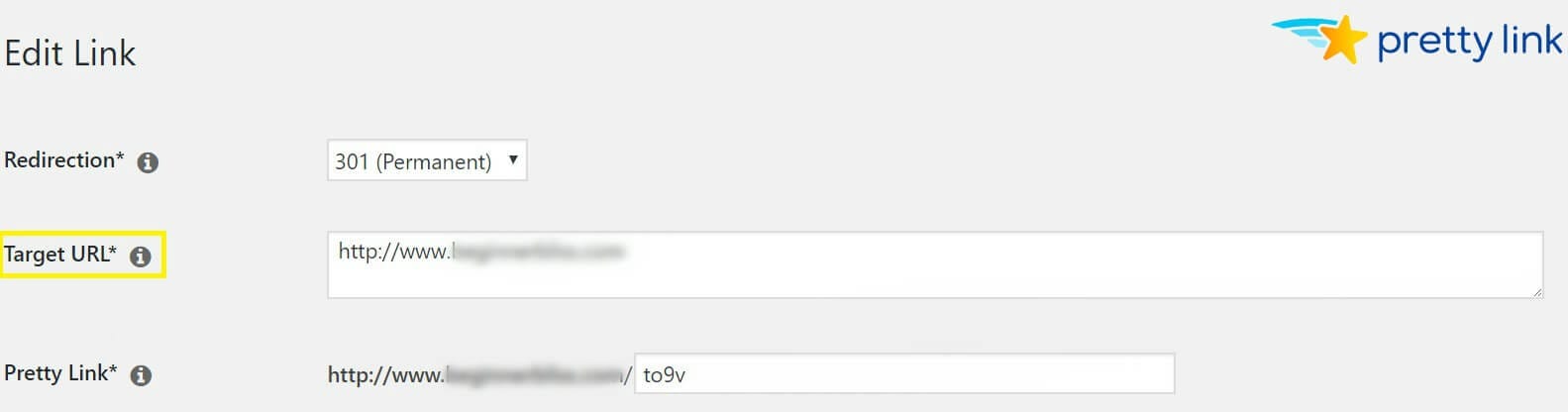 A página Editar link no PrettyLinks