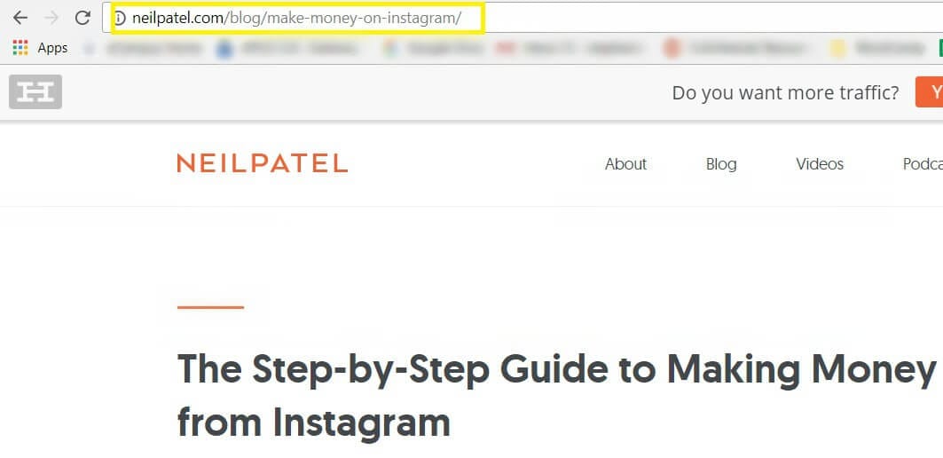 Um exemplo de uma palavra-chave de cauda longa em um permalink de Neil Patel