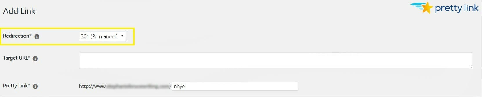 PrettyLinks Página Add New Link com a caixa de redirecionamento destacada