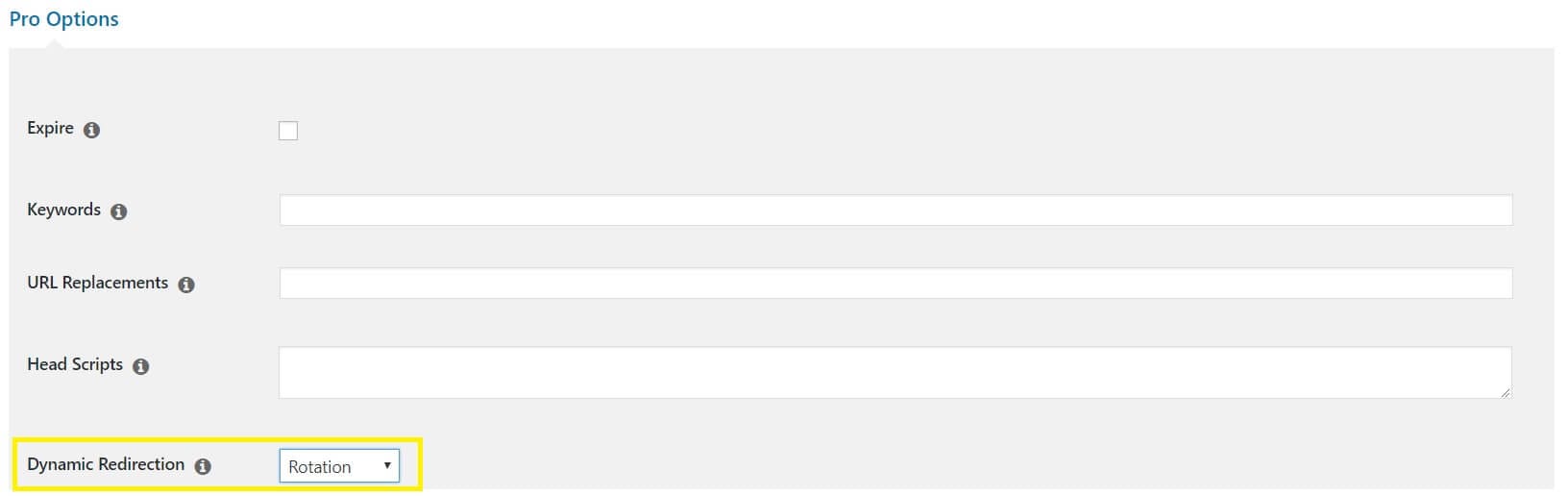 Configurações de redirecionamento dinâmico do PrettyLinks