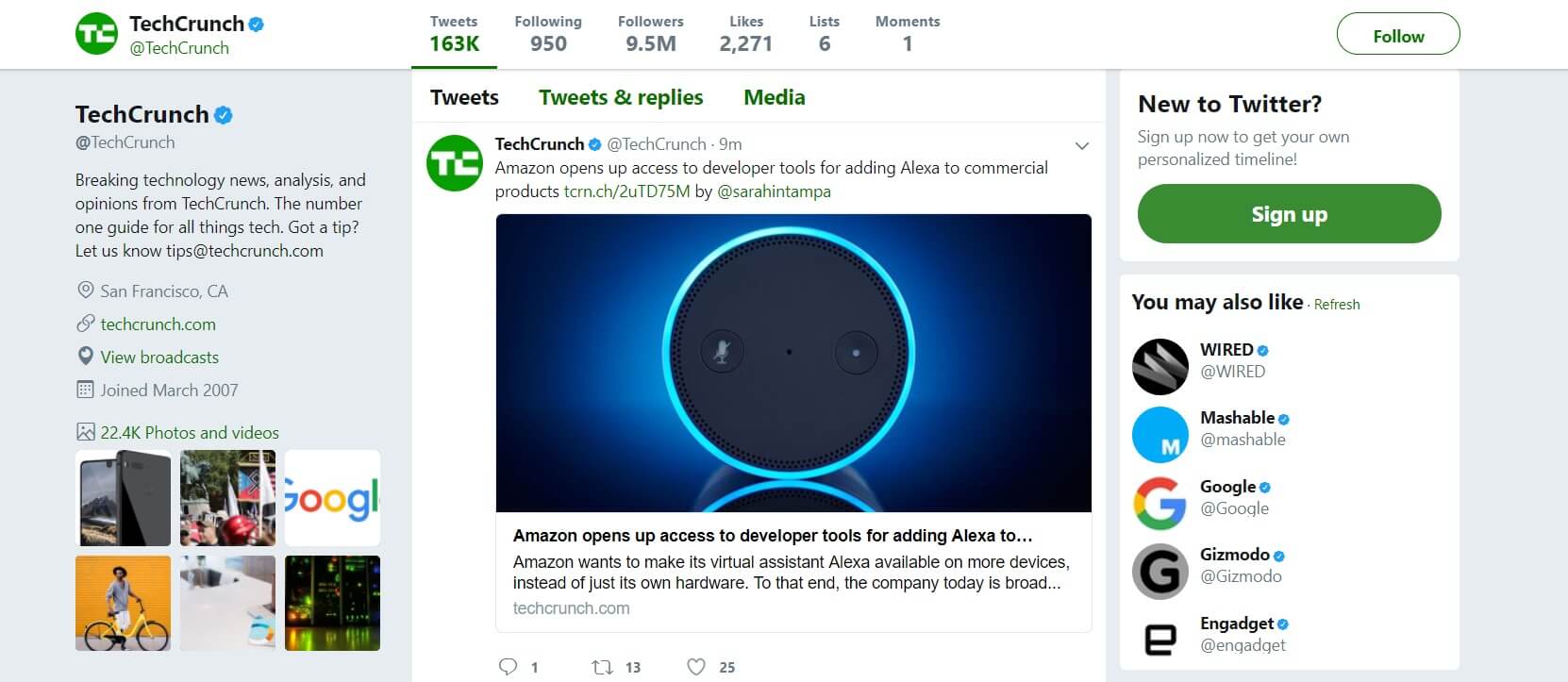 Page Twitter de TechCrunch