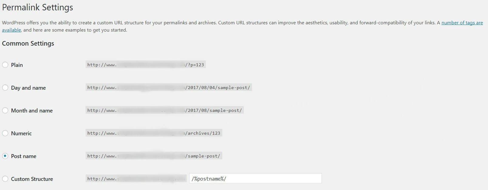 A página de configurações do link permanente do WordPress