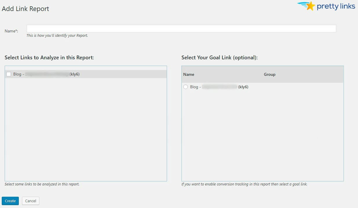 PrettyLinks Add New Link Report