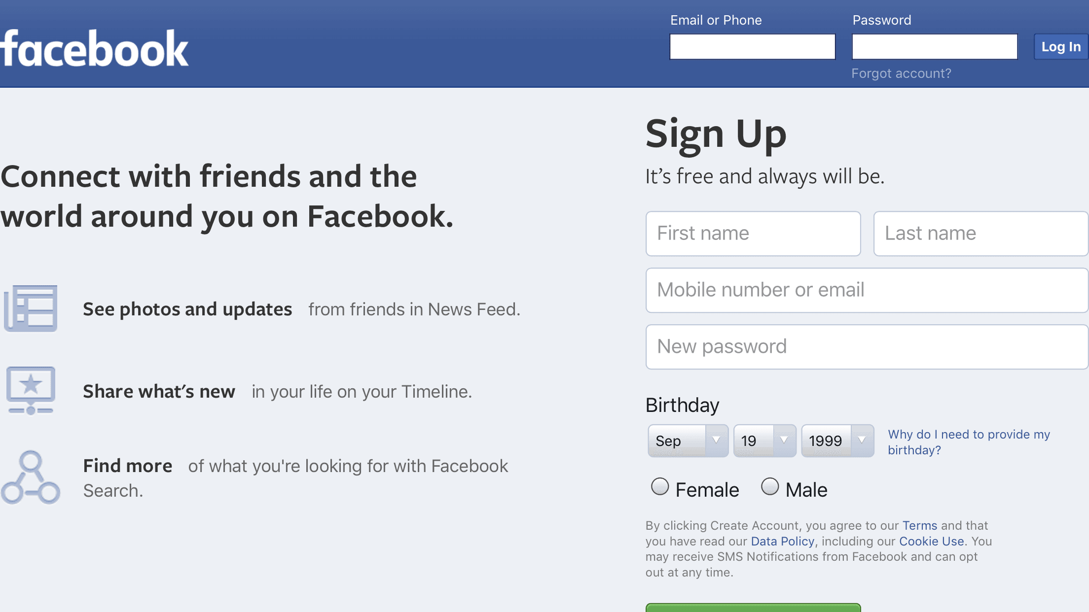 A visualização da área de trabalho do Facebook em um dispositivo móvel
