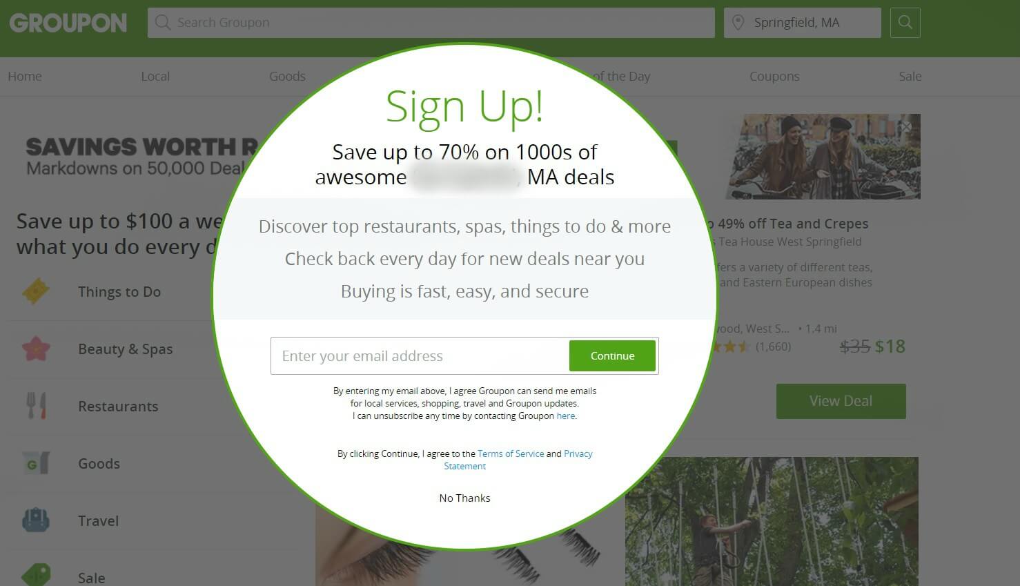 O pop-up baseado em localização do Groupon