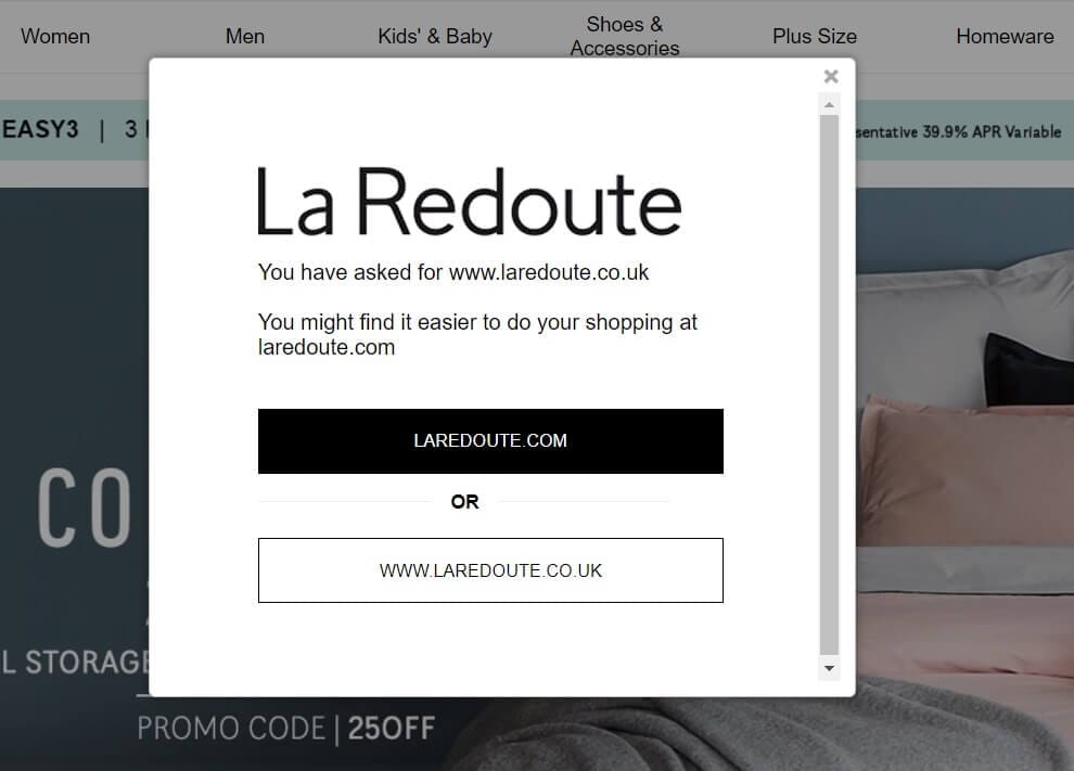 Site de compras da La Redoute com redirecionamento de local