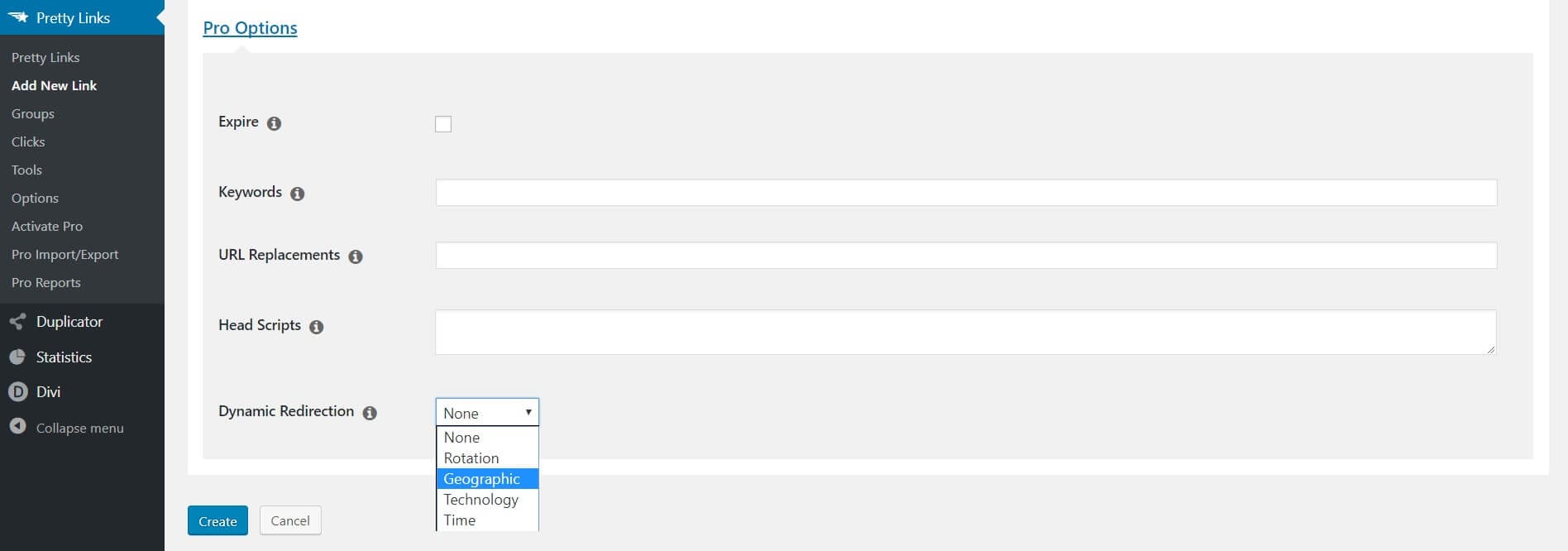 The Dynamic Redirection setting on PrettyLinks.