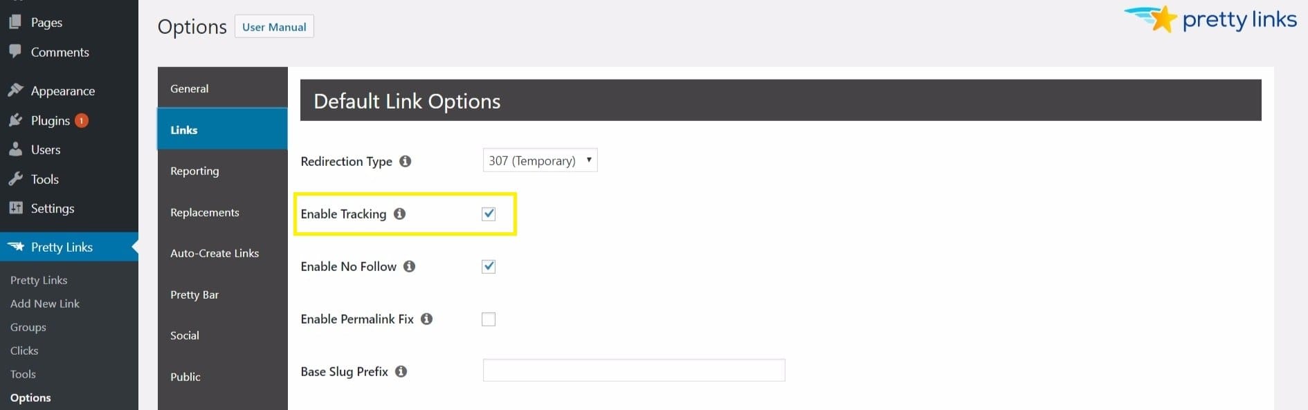Enable tracking in PrettyLinks