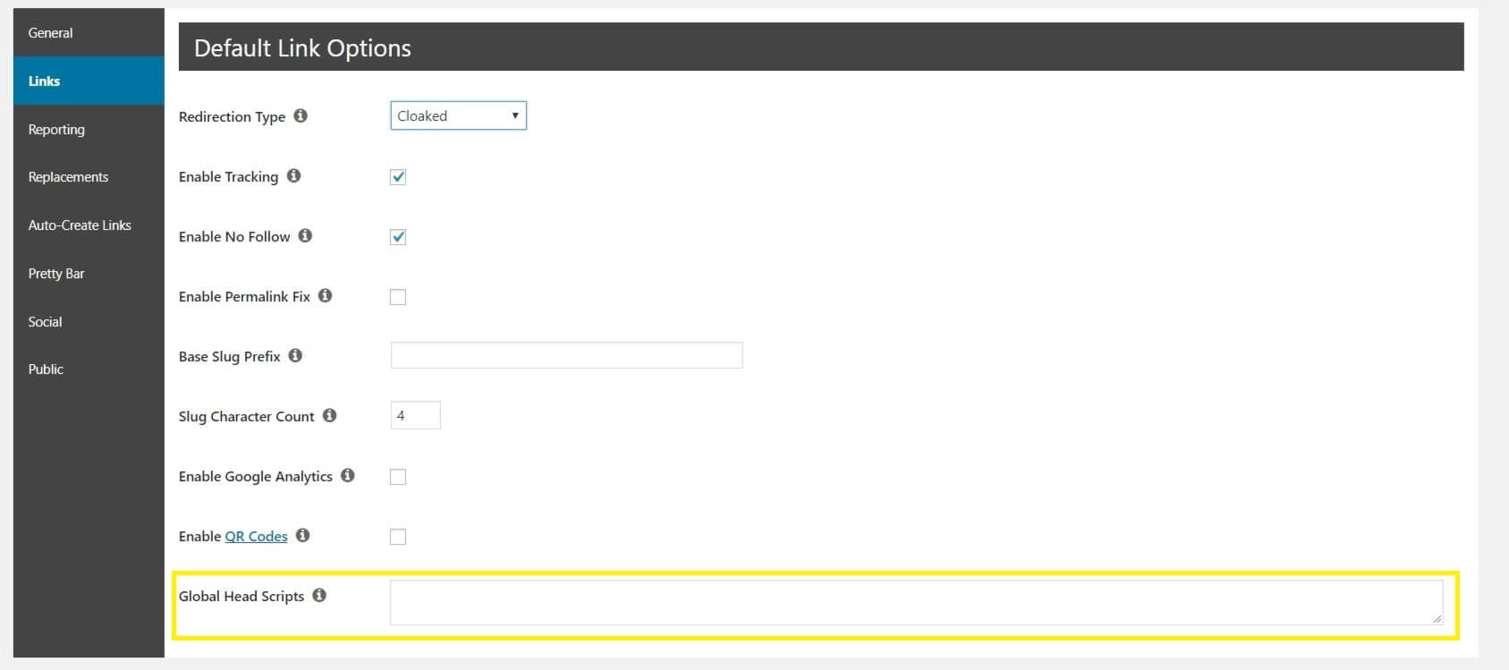 Opções globais em PrettyLinks