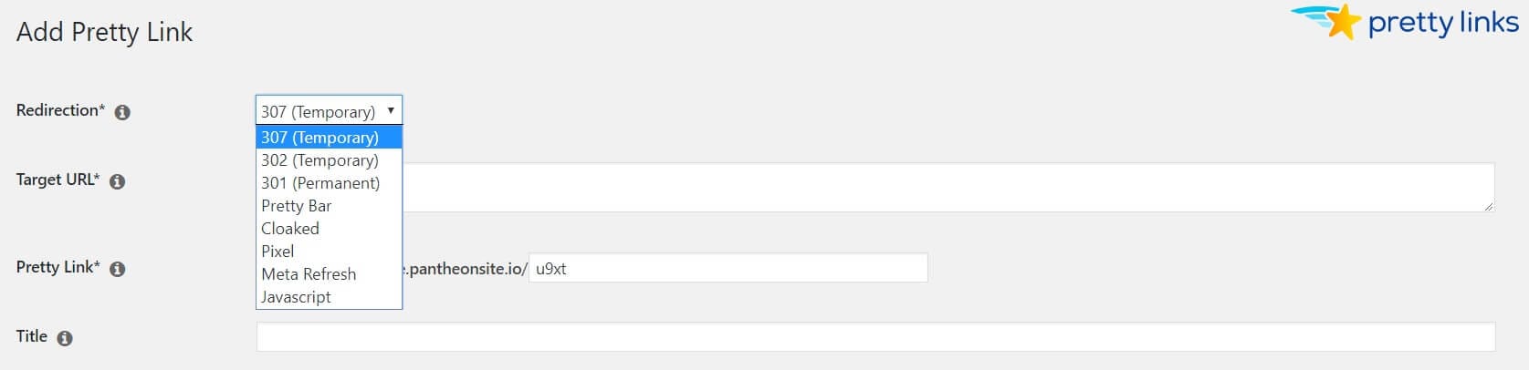O menu suspenso Redirecionamento do PrettyLinks