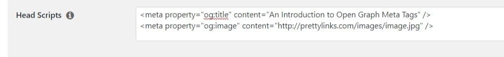 Um exemplo de meta tags de um Head Script curto em PrettyLinks