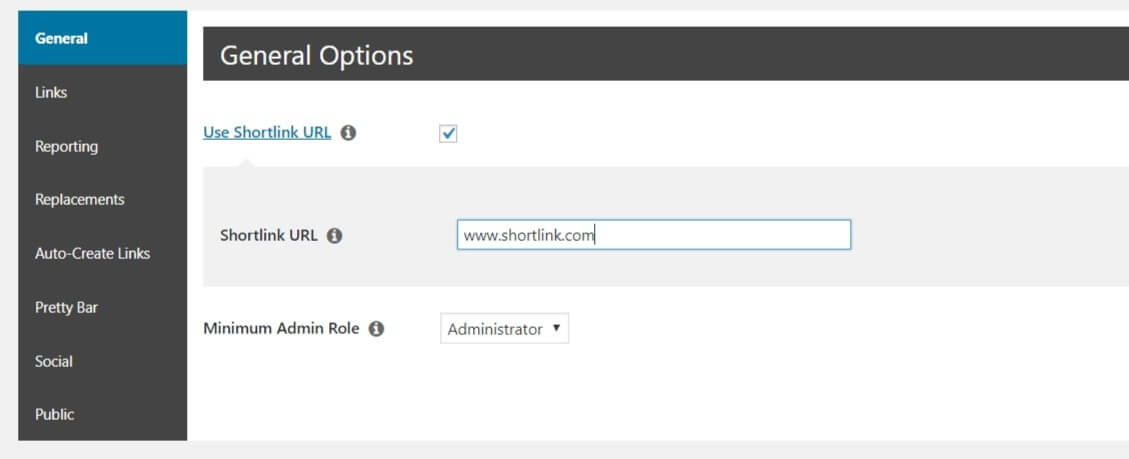 L'option Shortlink URL dans PrettyLinks