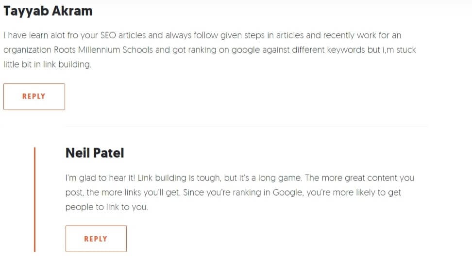 Interacciones de comentarios en el blog de Neil Patel
