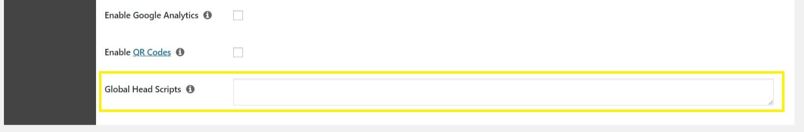 The Global Head Scripts option in PrettyLinks' Default Link Options