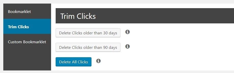 The Trim Clicks feature on PrettyLinks dashboard