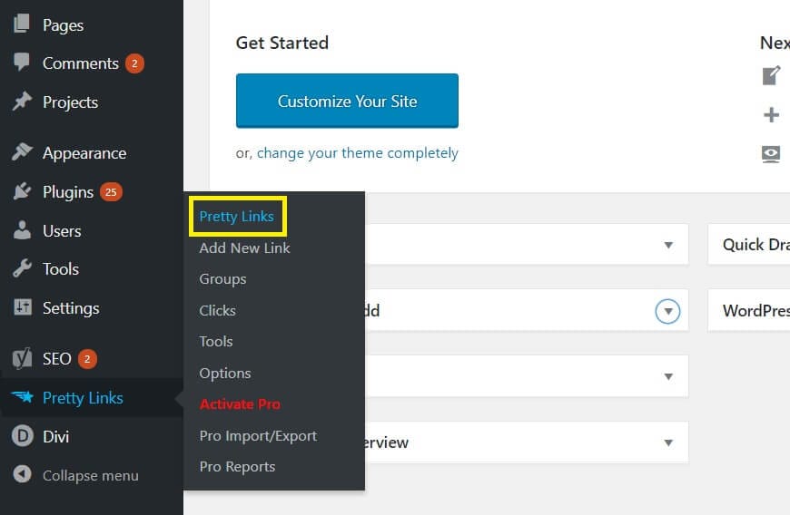 The PrettyLinks menu on WordPress dashboard