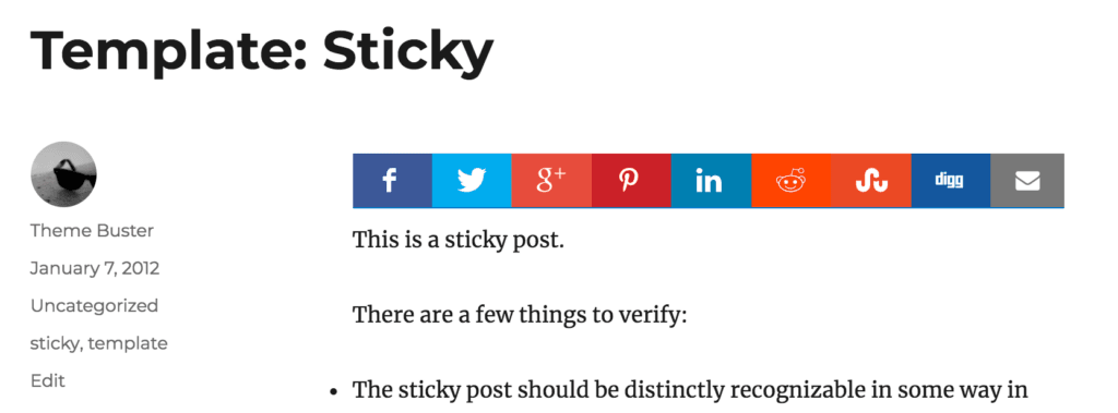 A barra de botões sociais que aparece na parte superior de uma publicação de blog.