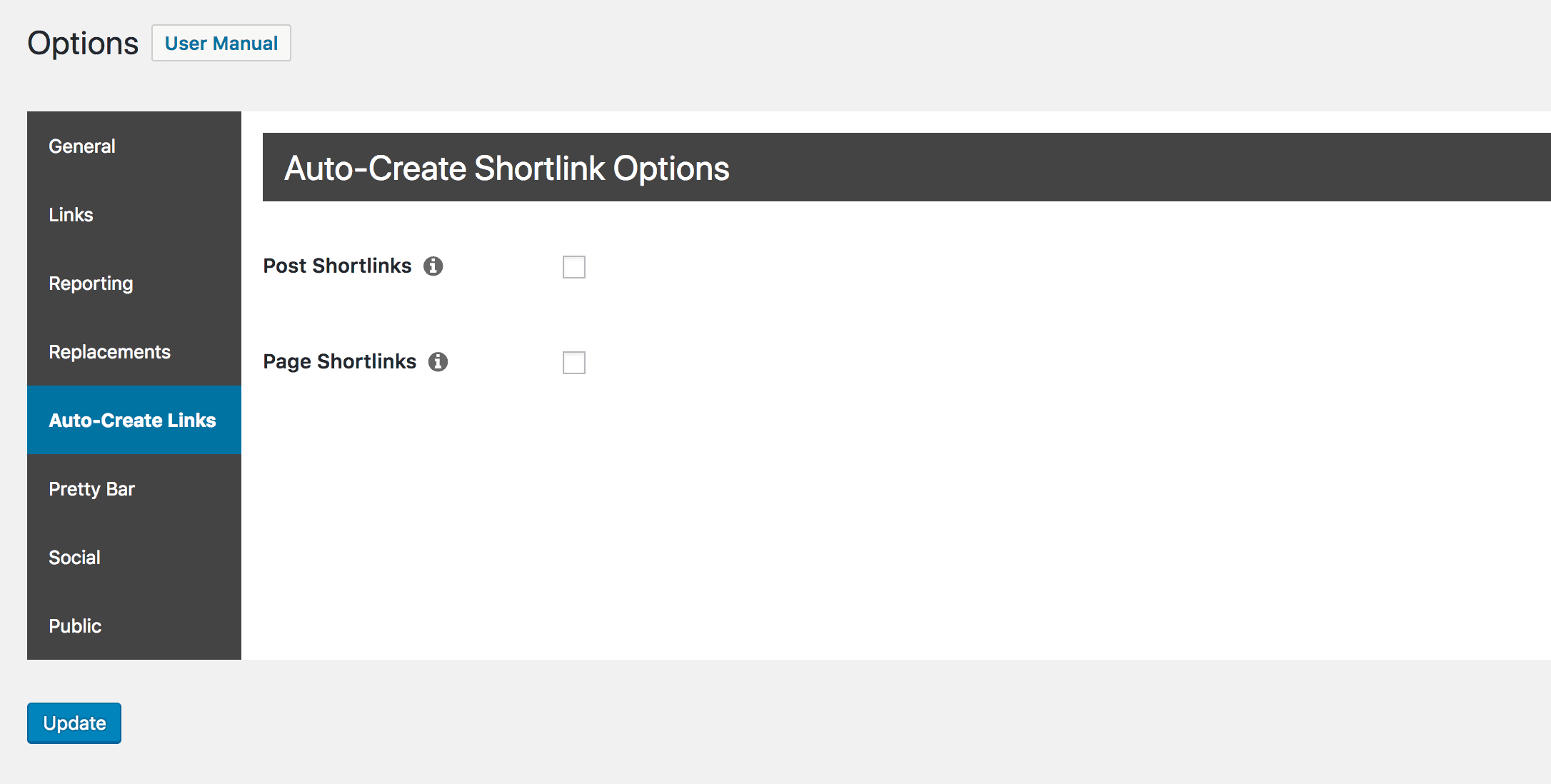 The options to create shortlinks for posts and pages in PrettyLinks.