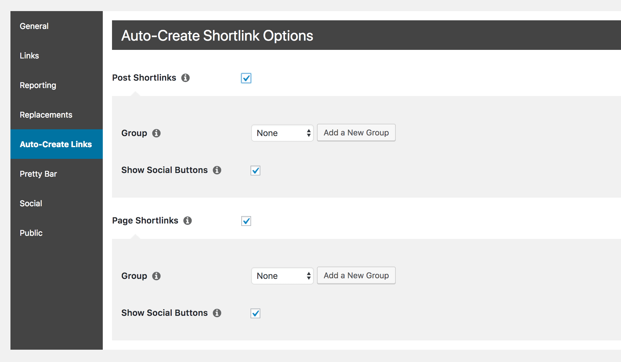 Activating the social buttons option in PrettyLinks.