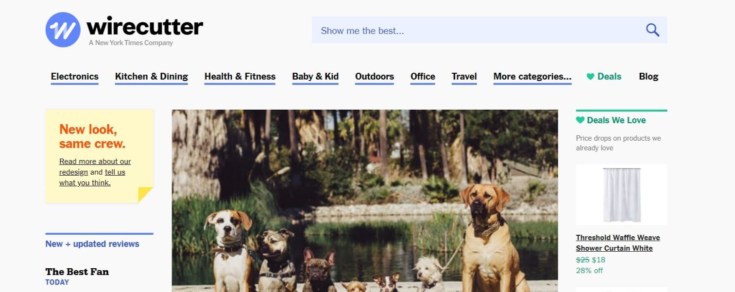 Página de inicio del sitio web afiliado de Wirecutter