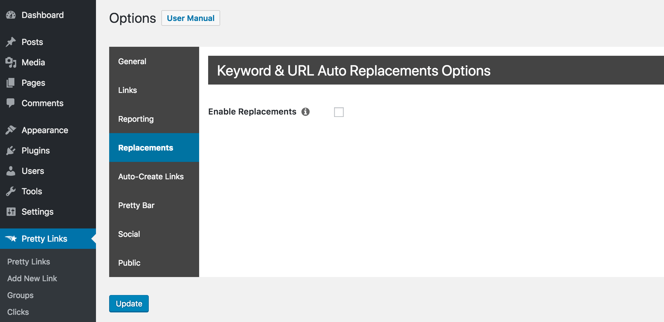 The Keyword & URL Auto Replacements Options in PrettyLinks.