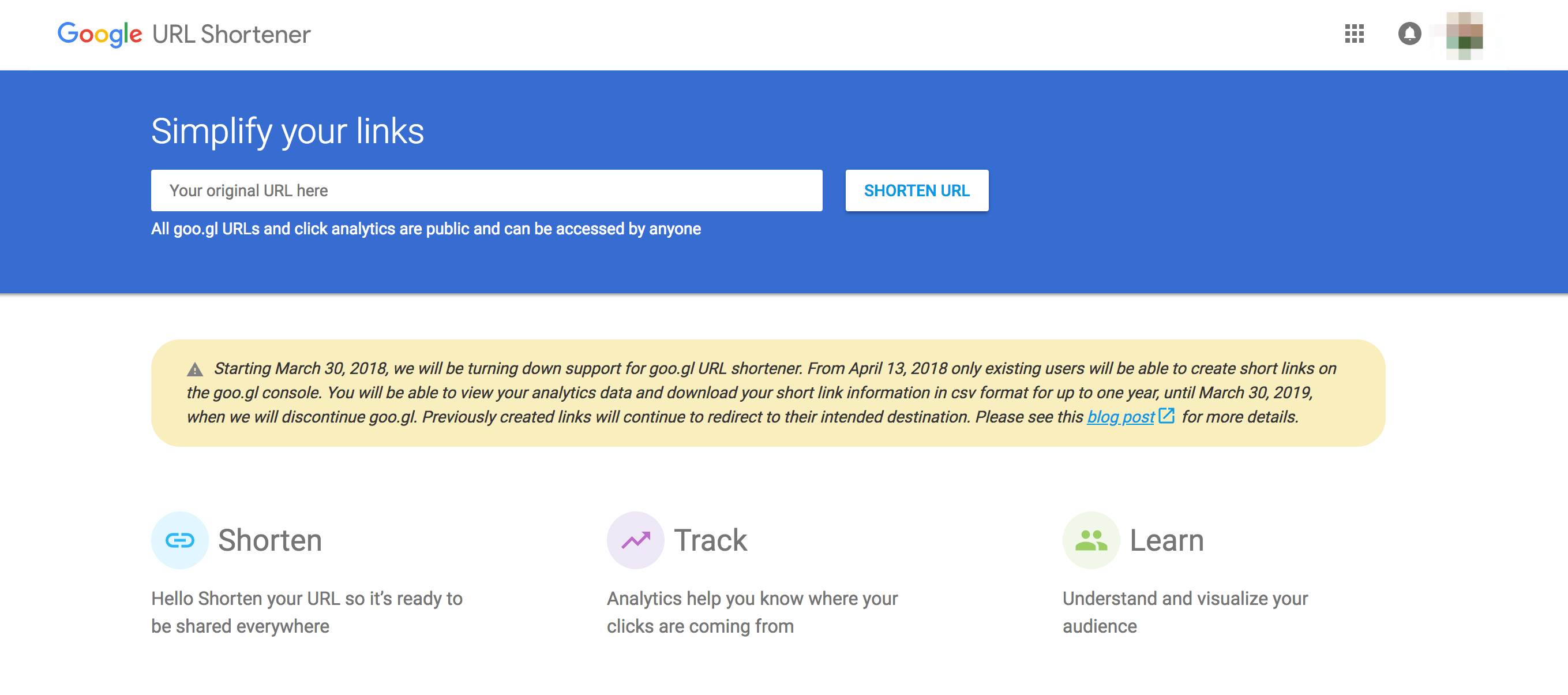 A página inicial do goo.gl.