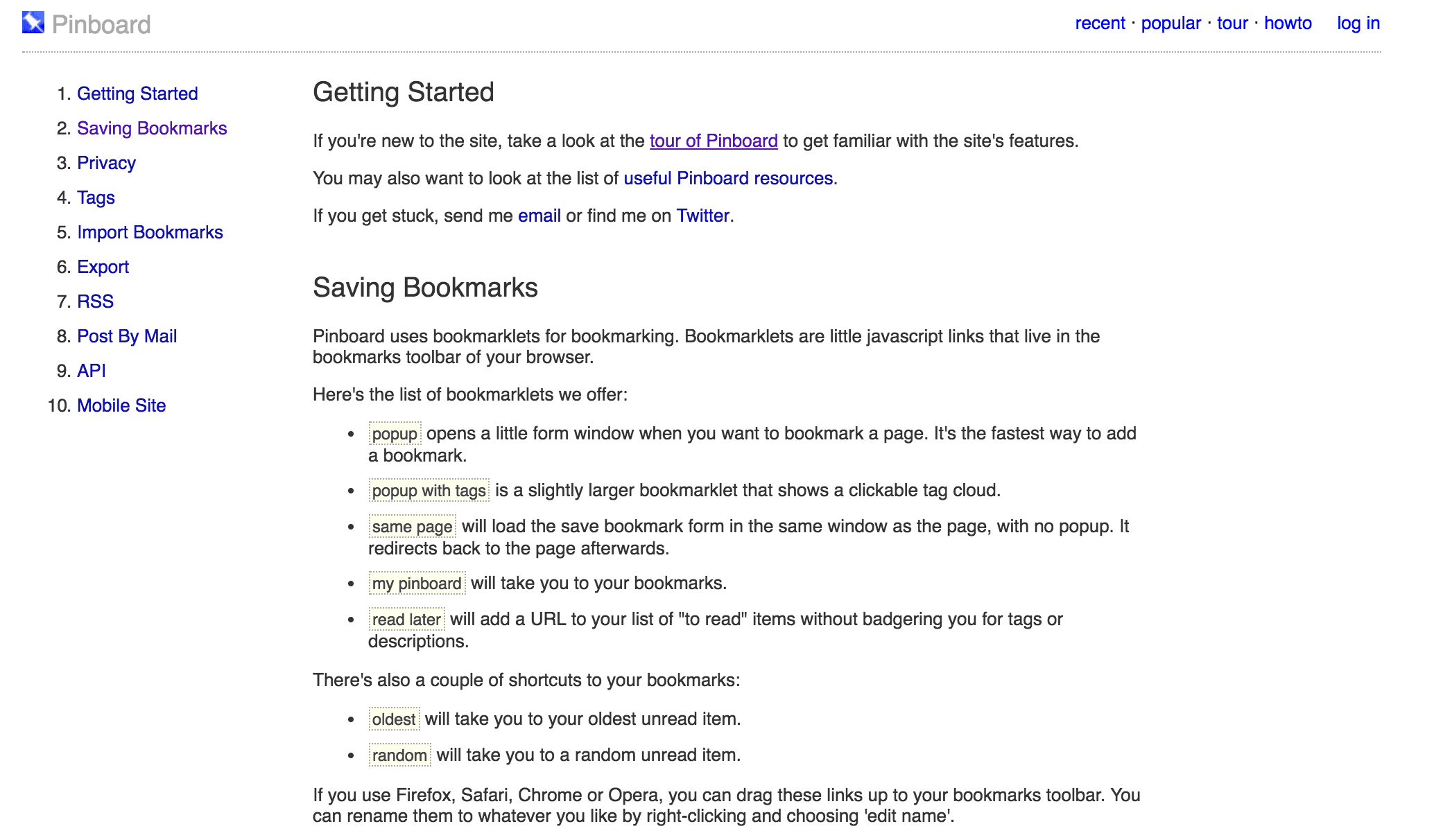 A página inicial do Pinboard.