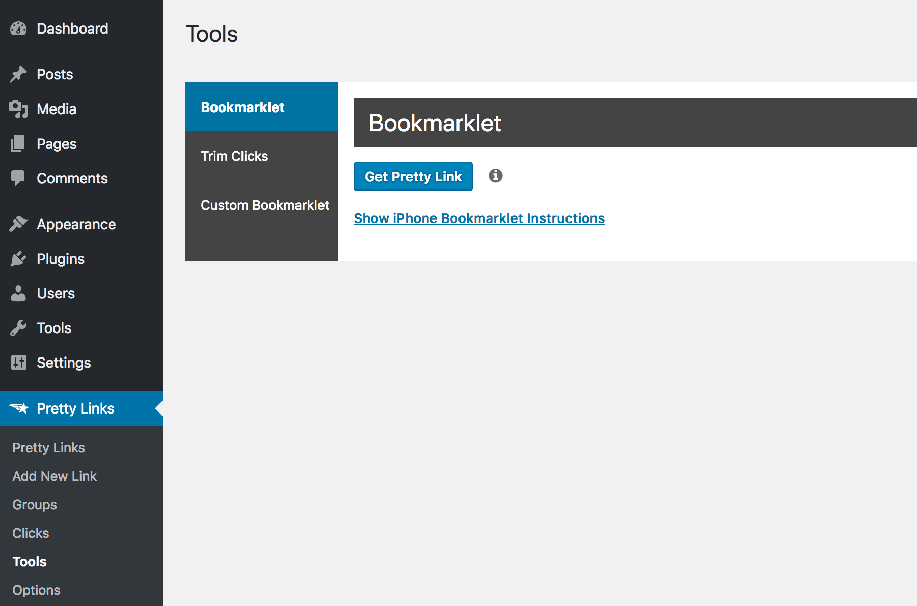 The PrettyLinks Tools page in the admin dashboard.