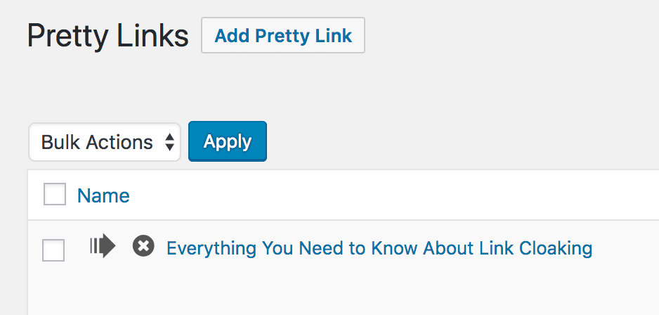 A link created with a bookmarklet added to the list of PrettyLinks.