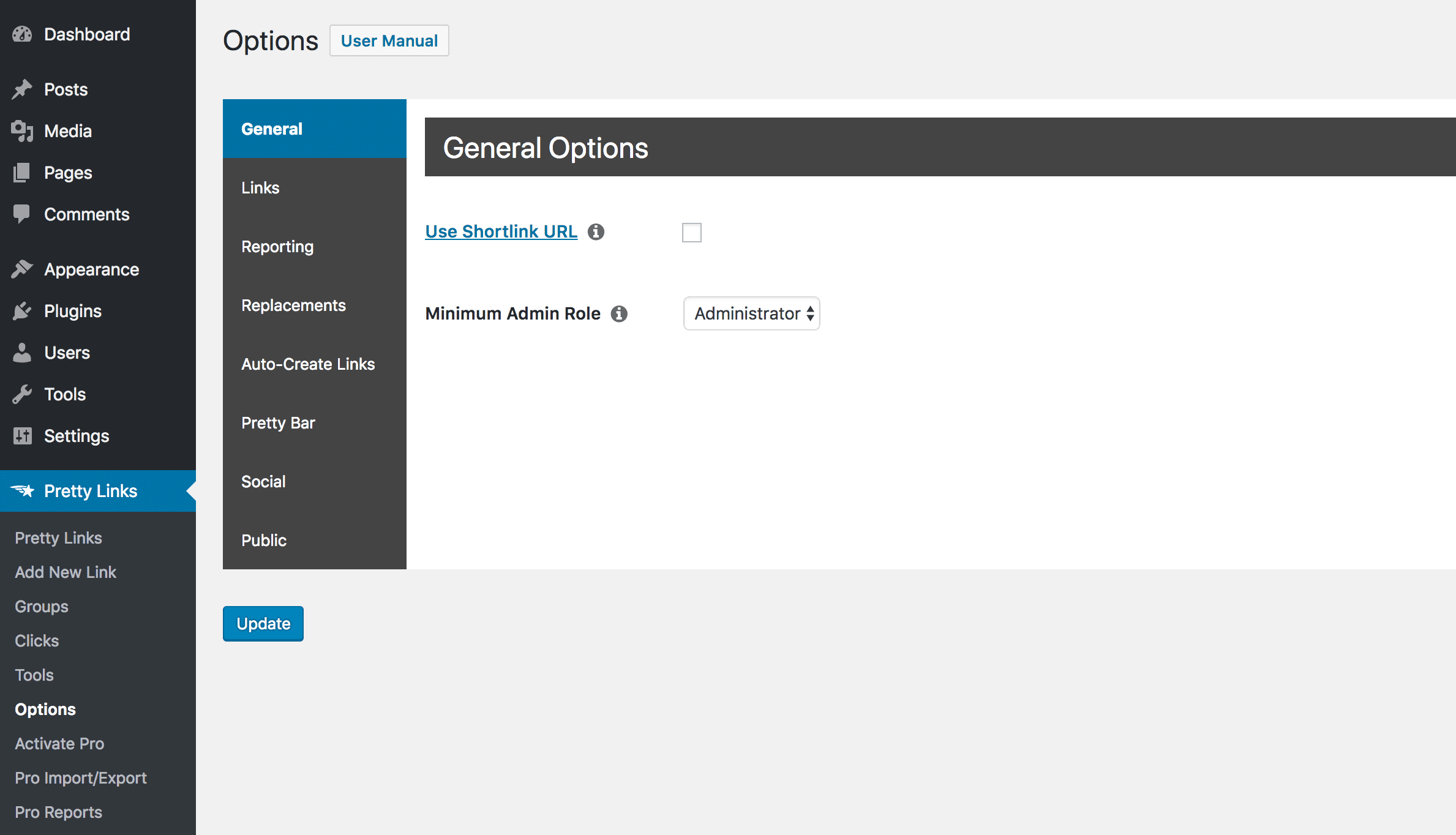 The PrettyLinks Options screen.