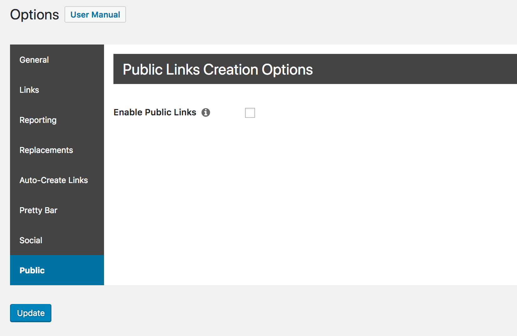 The Public tab in the PrettyLinks Options, showing a single option.