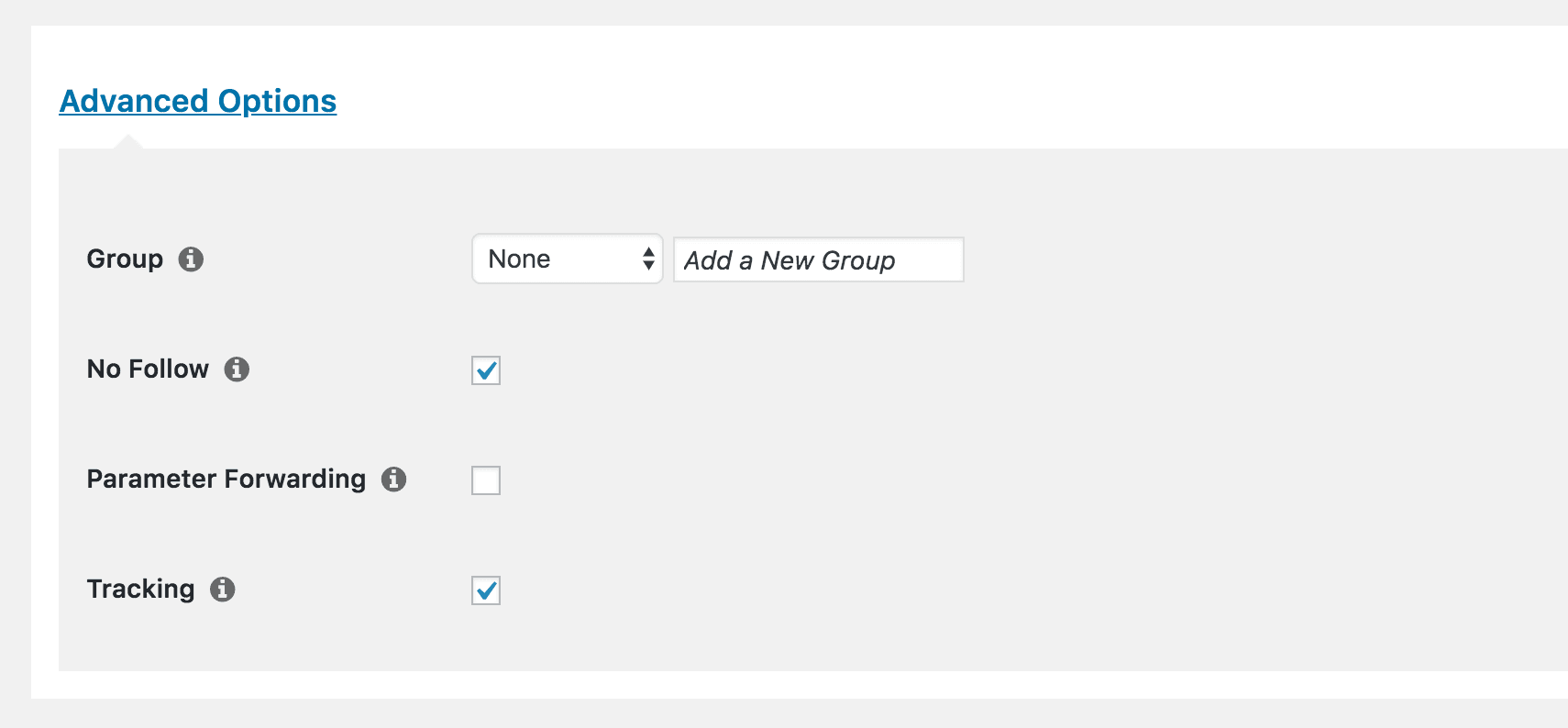 A seção Opções avançadas na página Editar link no PrettyLinks.