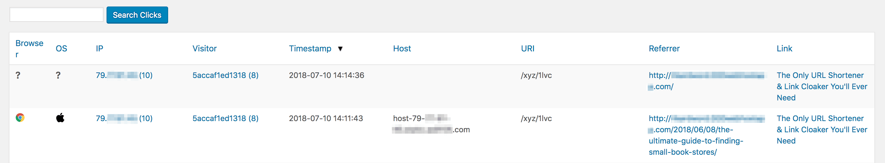 A link report after Extended Tracking has been activated in PrettyLinks.