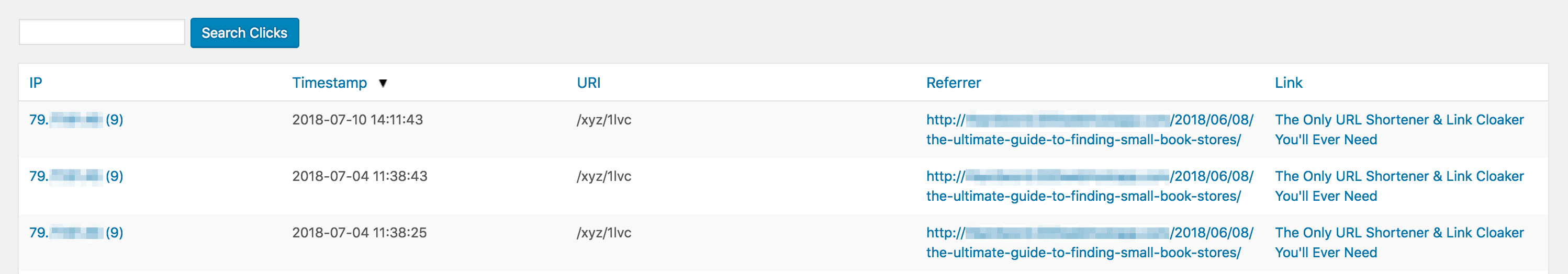 A PrettyLinks link report using Normal Tracking.