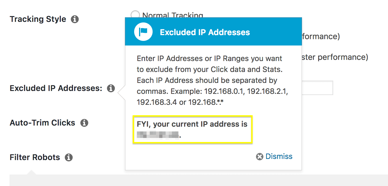 optimize your PrettyLinks reports - A popup box, showing the user's current IP address in PrettyLinks