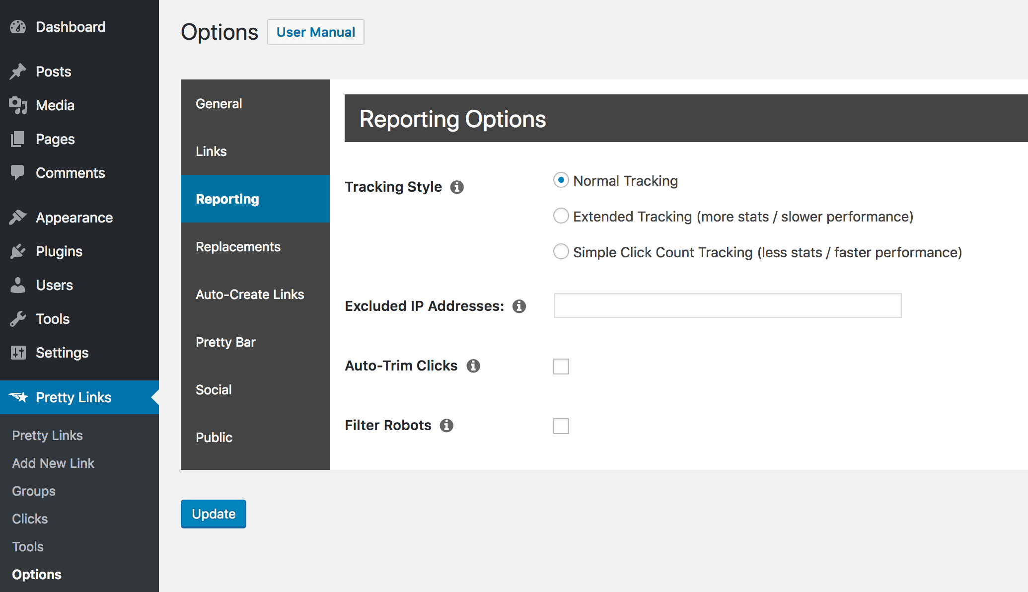 The PrettyLinks options - optimize your PrettyLinks reports