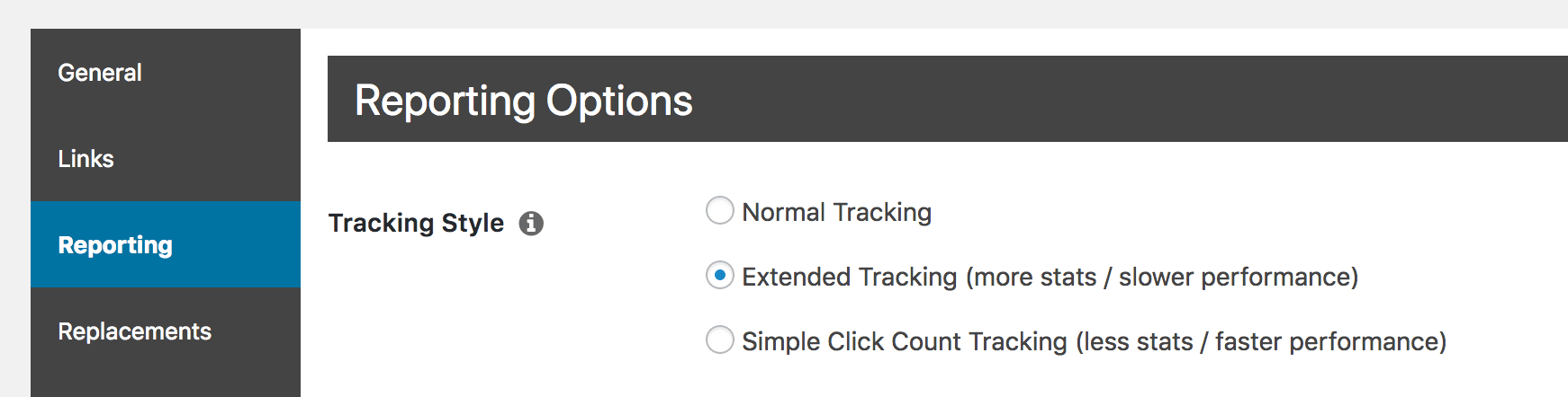 The Extended Tracking option selected in PrettyLinks.