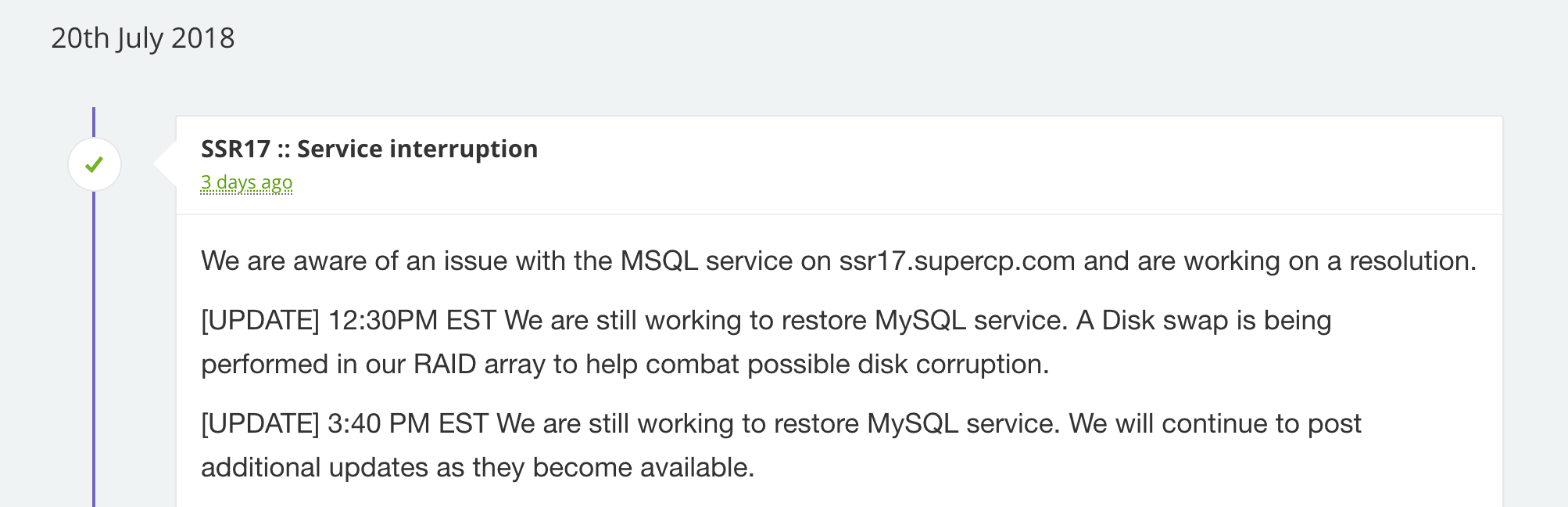 Um exemplo de página de status de um servidor de host da Web mostrando um problema.