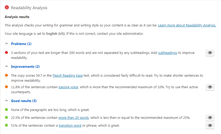 Eine Yoast SEO Lesbarkeitsanalyse.
