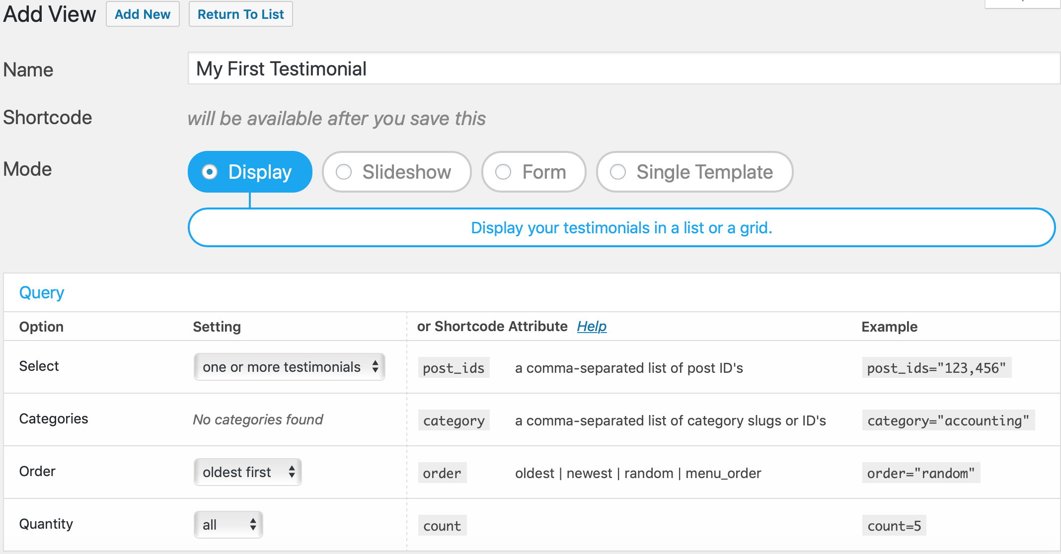Optionen für die Anzeige von Testimonials.
