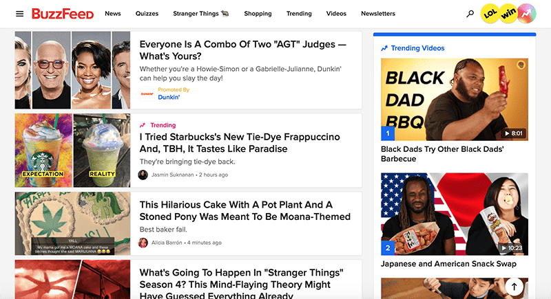 BuzzFeed utiliza su barra lateral para anuncios y para mostrar los vídeos de moda.