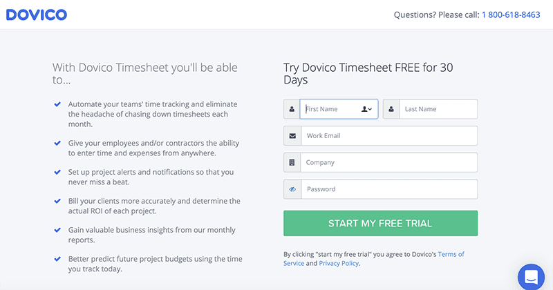 La página de aterrizaje de Dovico sitúa el nombre de la empresa en la parte superior derecha, la información de contacto en la parte superior izquierda y el contenido en un formato escaneable.