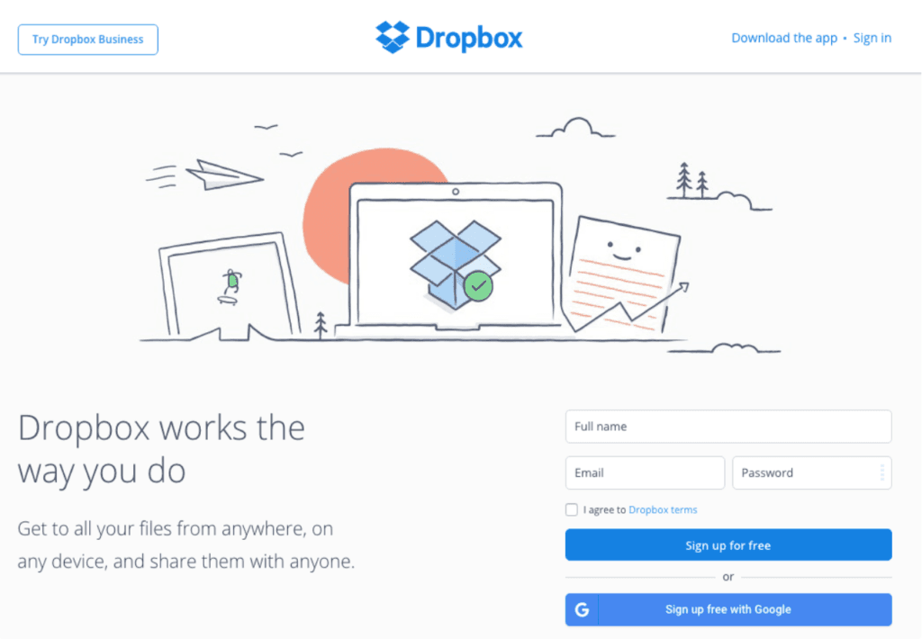 Un CTA sur le site web de Dropbox.