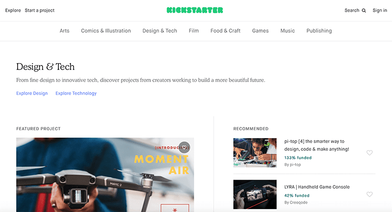 Kickstarter pone una declaración de misión en la parte superior de su página